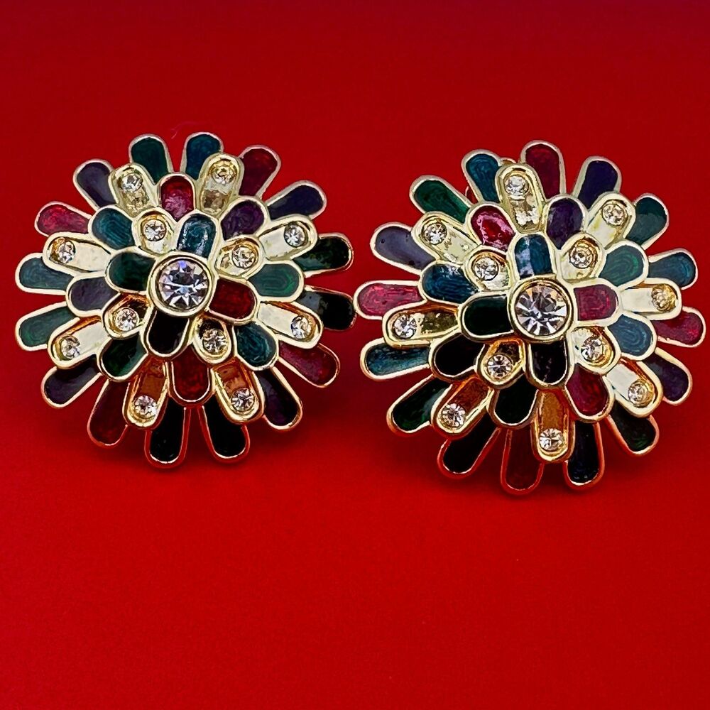 Vintage Swarovski Clip On Earrings Red Blue Green Enamel Gold Tone Flower Burst